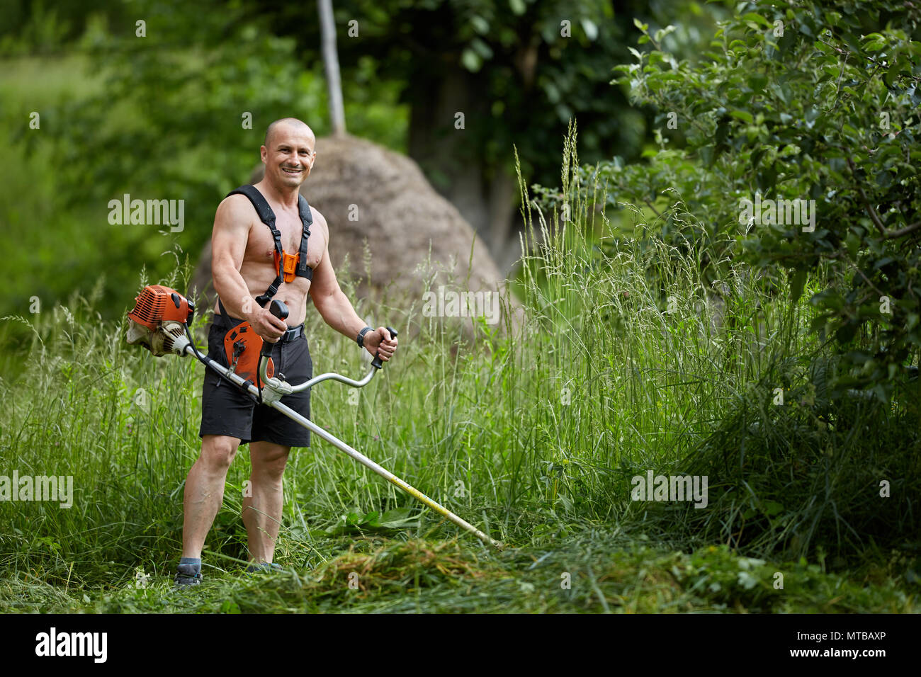 Man mowing the land with a brushcutter, motorized mower Stock Photo
