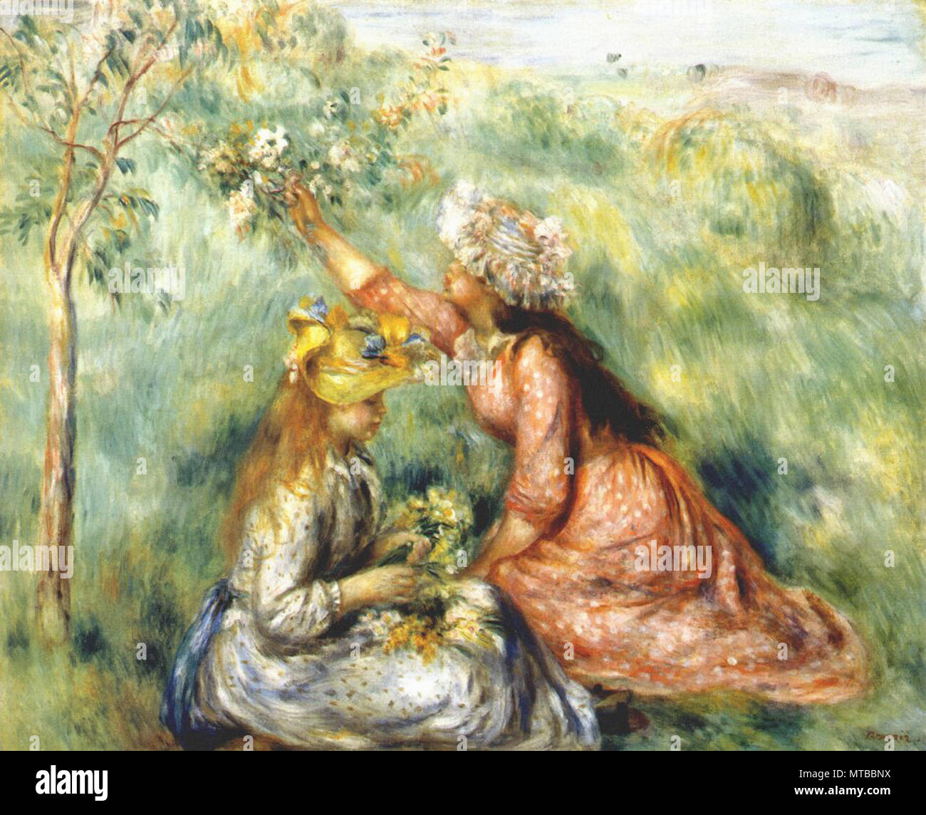 Pierre-Auguste Renoir - Girls Picking Flowers Meadow C 1890 Stock