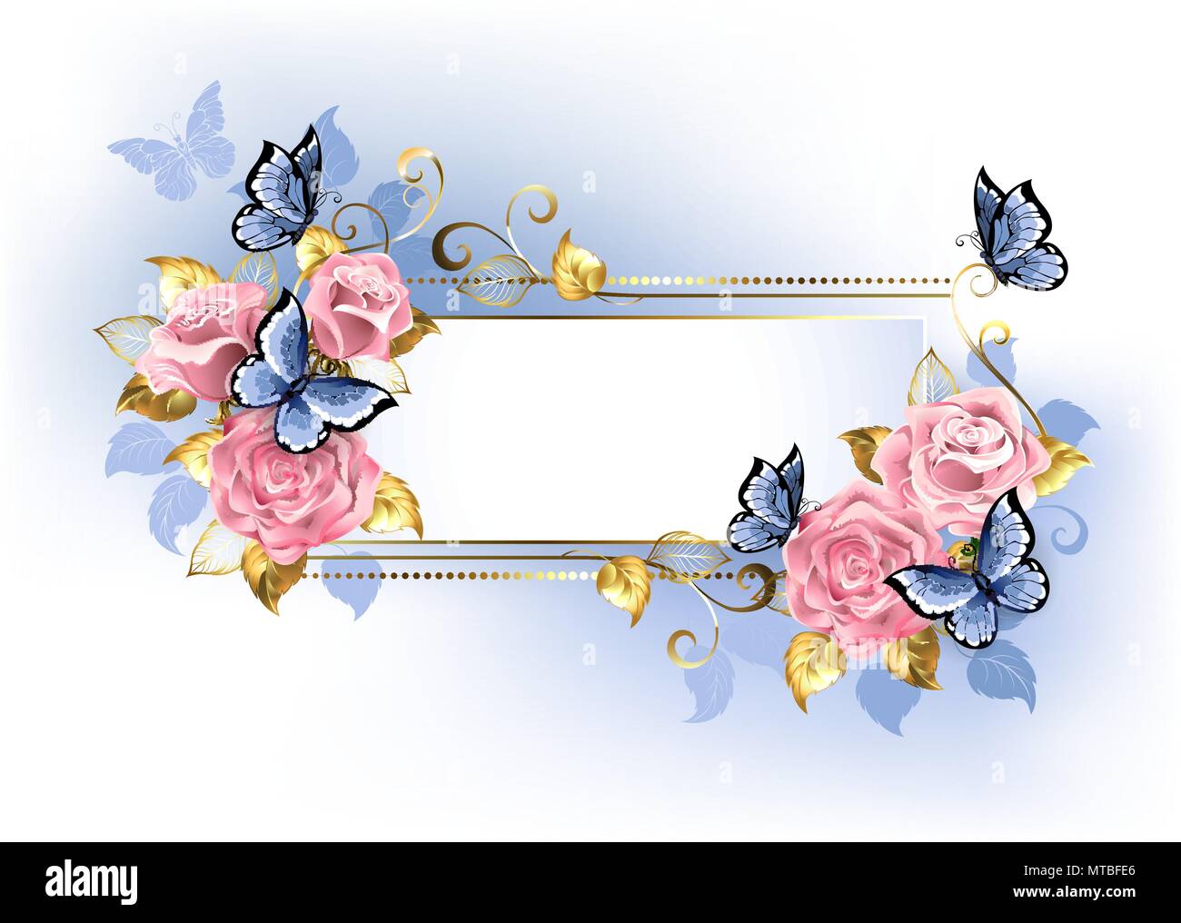 Narrow banner with pink roses, blue and gold leaves with blue butterflies on white background. Stock Vector