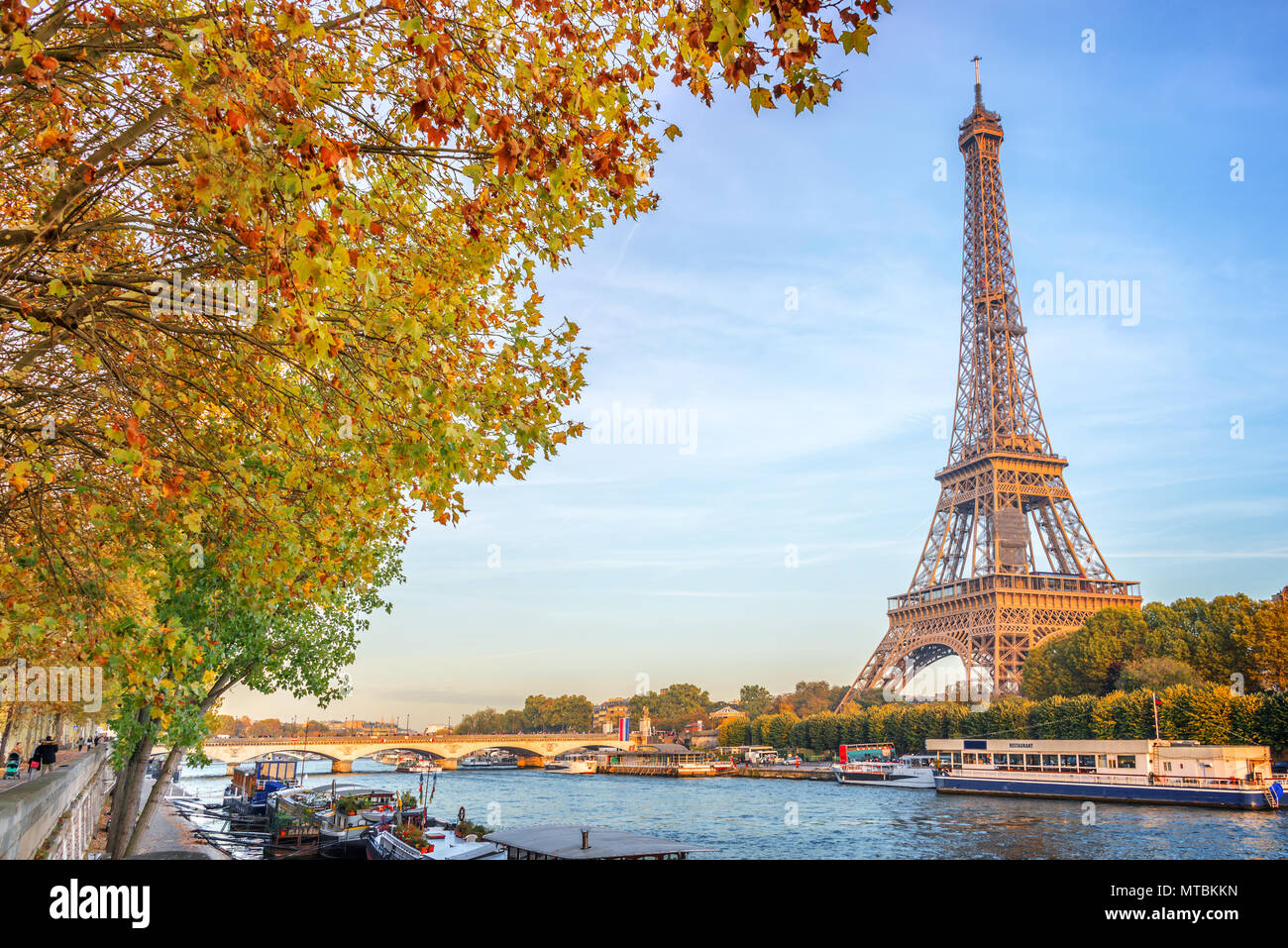 Eiffel tower and the river Seine, yellow automnal trees, Paris France Stock Photo