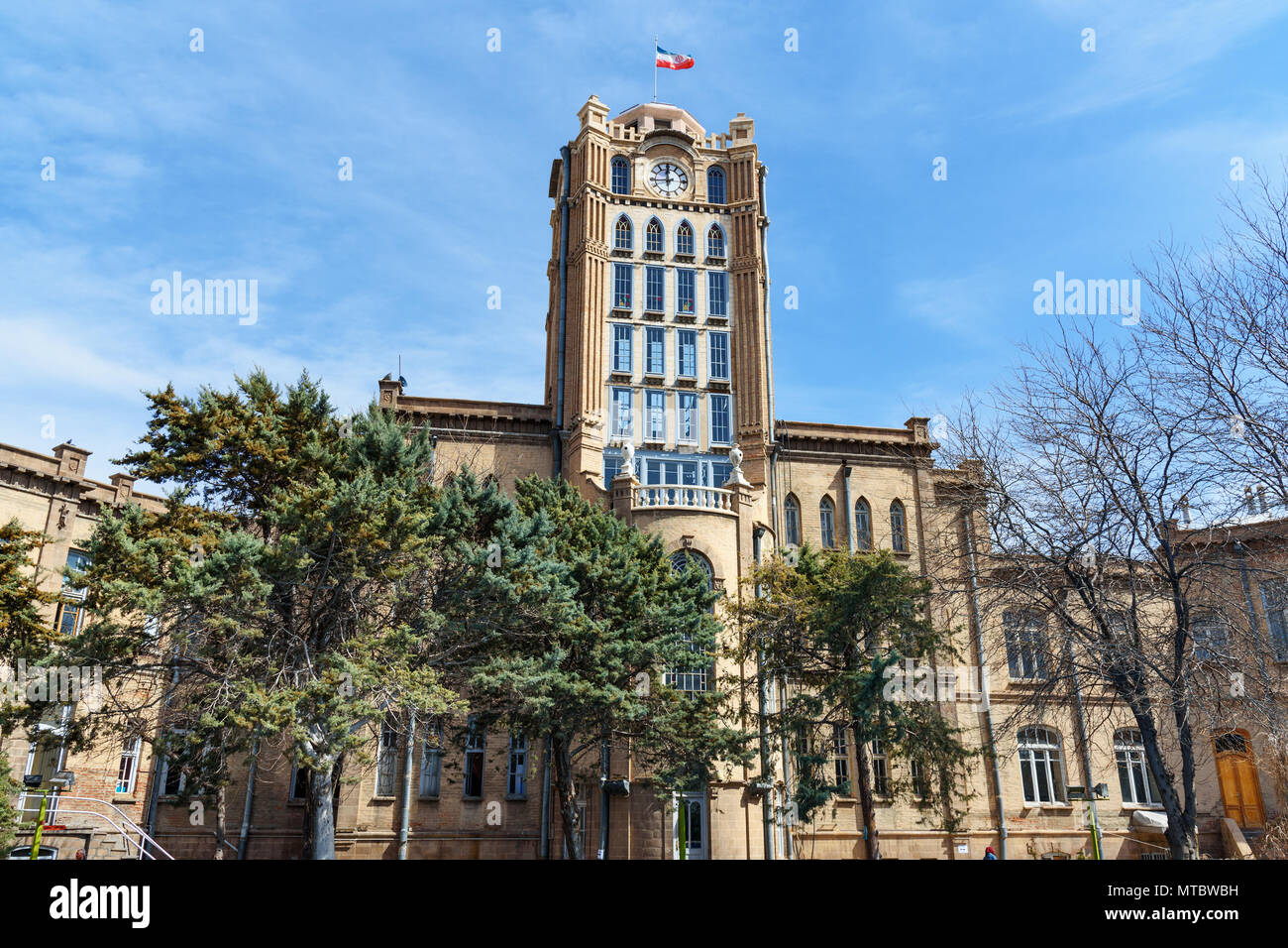 Tabriz, East Azerbaijan province, Iran - March 15, 2018: Saat Tower also known as Tabriz Municipality Palace in Stock Photo