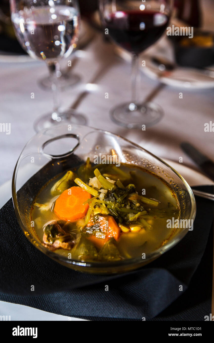 Typical potaje, canarian vegetable and ham stew in a glass dish, restaurant El Tejar, Vilaflor, Canary Islands, Spain, Stock Photo