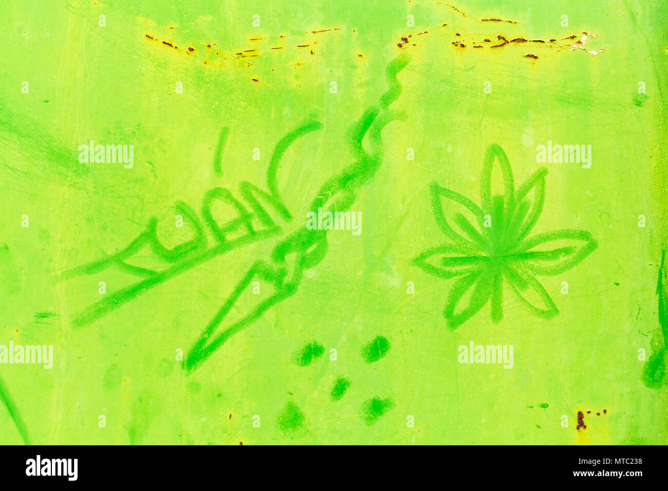 Abstract detail of old metal doors with grafitti saying Juan and a flower, Vilaflor, Canary Islands, Spain, Stock Photo