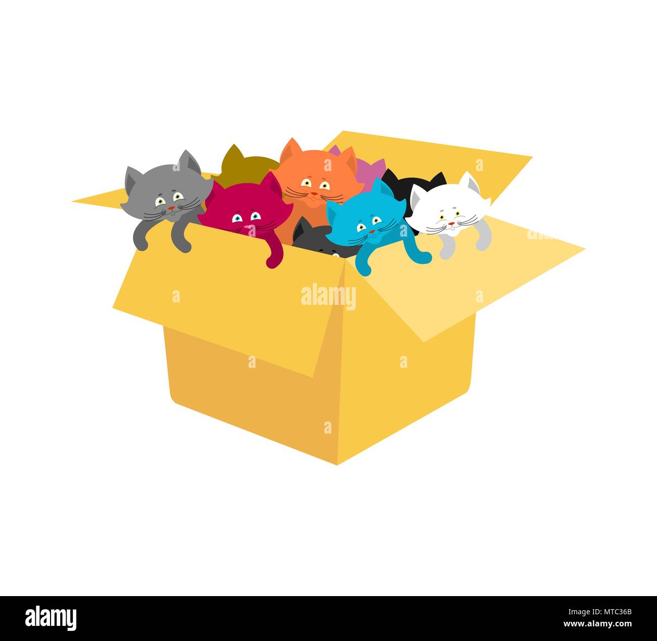Box with kittens. Cats in cardboard box. Vector illustration Stock