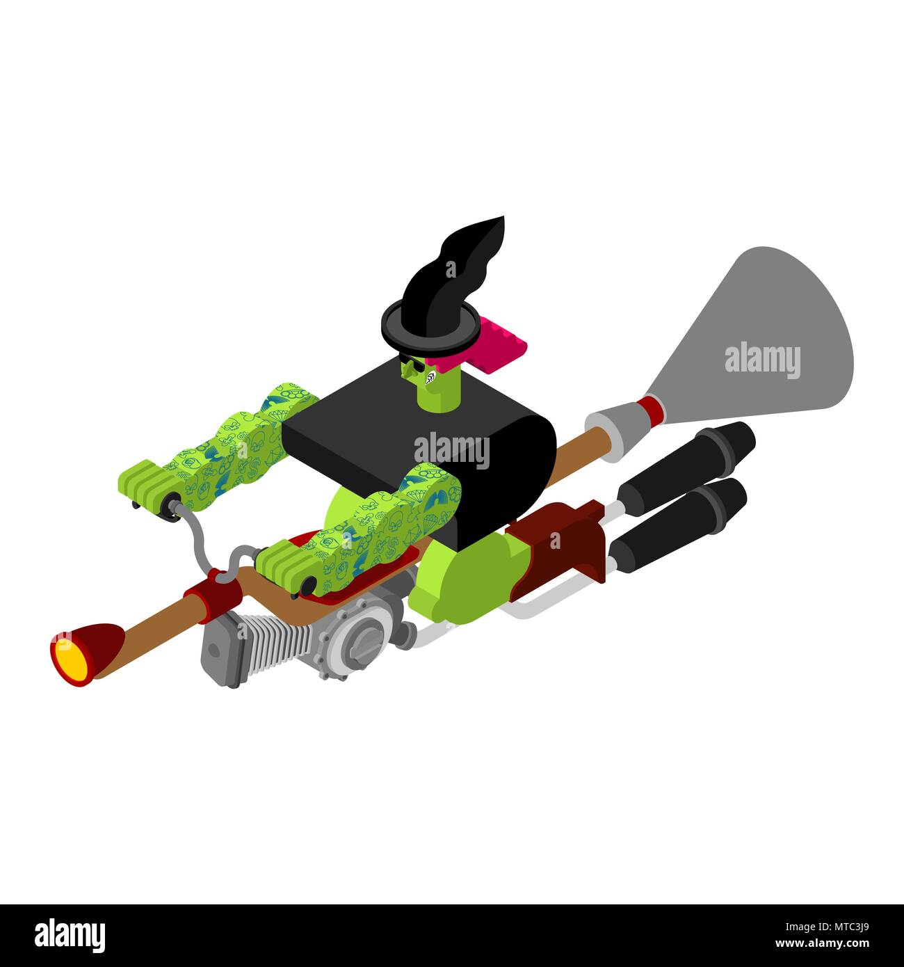 Witch on racing broom Isometric. Broomstick Speeding turbo. Halloween Vector illustration. Stock Vector