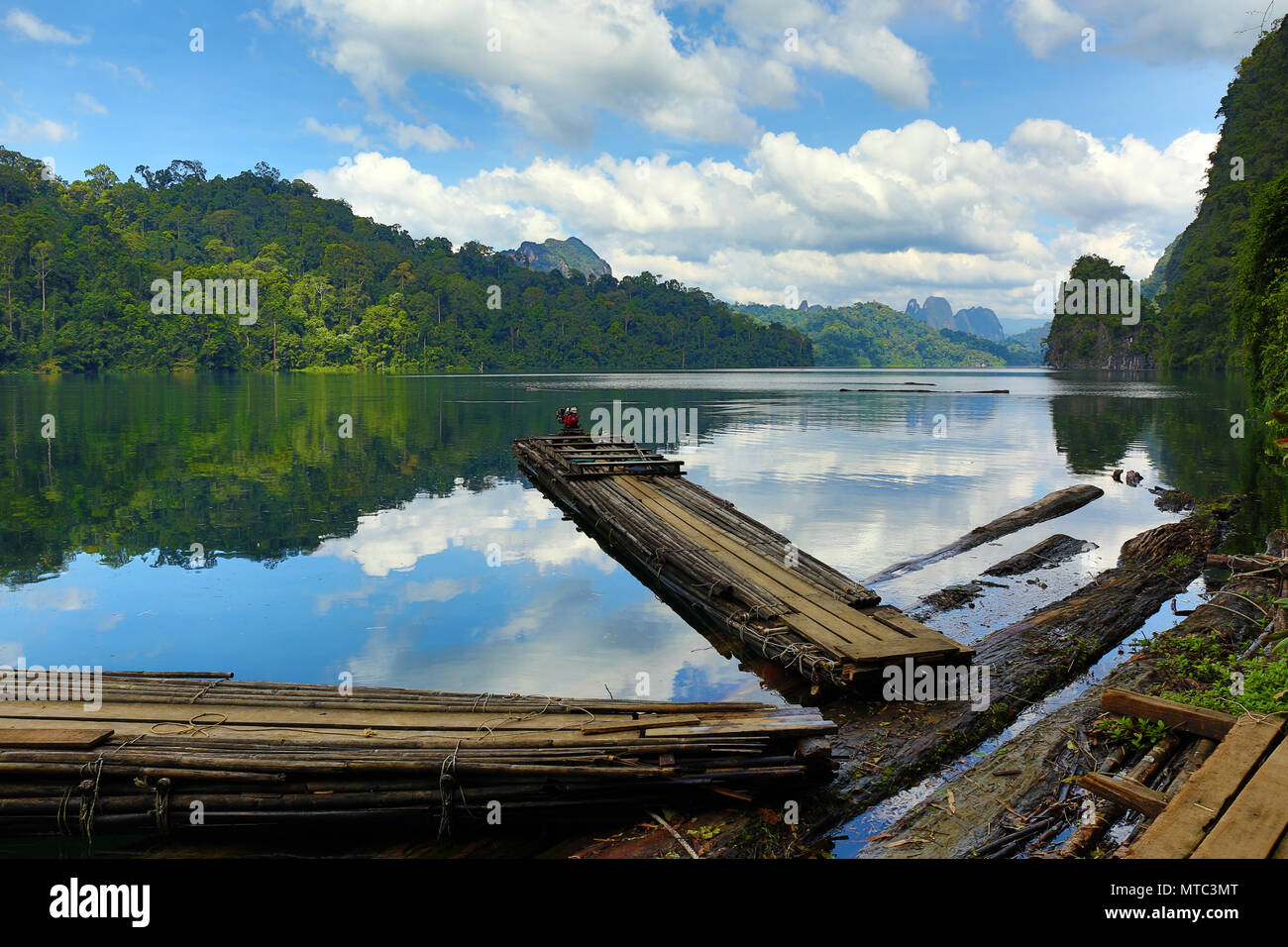 Bamboo rafts on Cheow Lan lake, Thailand Stock Photo
