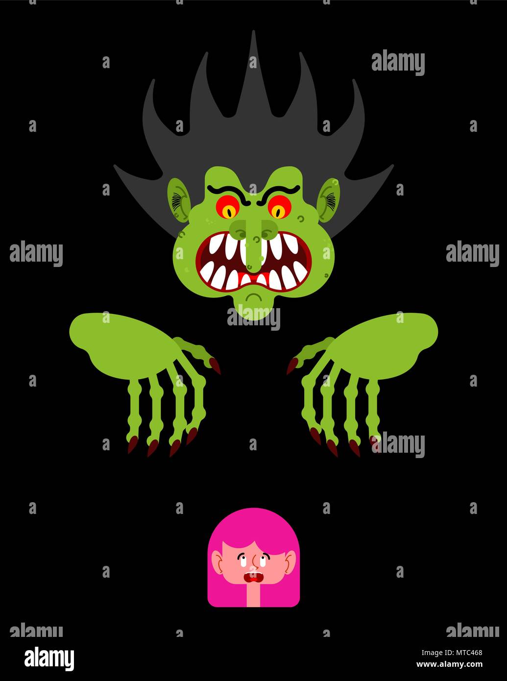 Scary man scaring little girl. Nightmare monster with long claws. Vector illustration Stock Vector