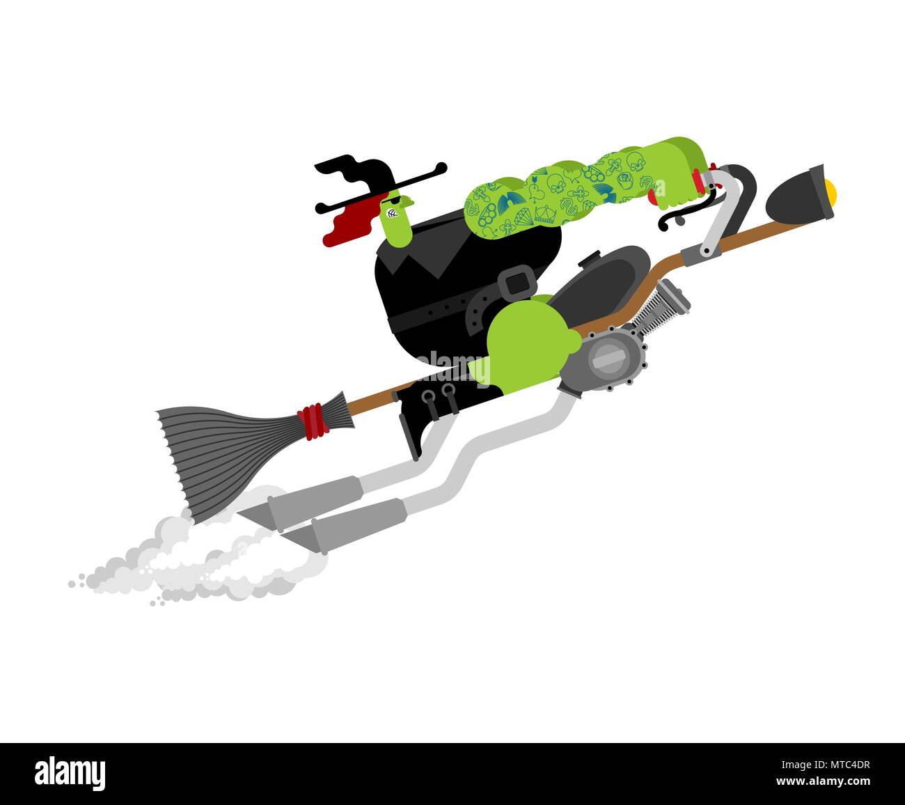 Witch on racing broom. Broomstick Speeding turbo. Halloween Vector illustration. Stock Vector