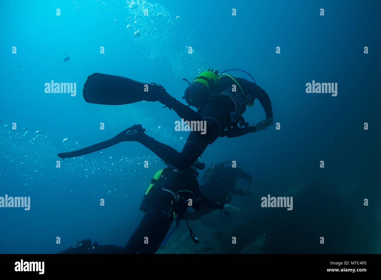 three divers in immersion, fuerteventura canari islands Stock Photo