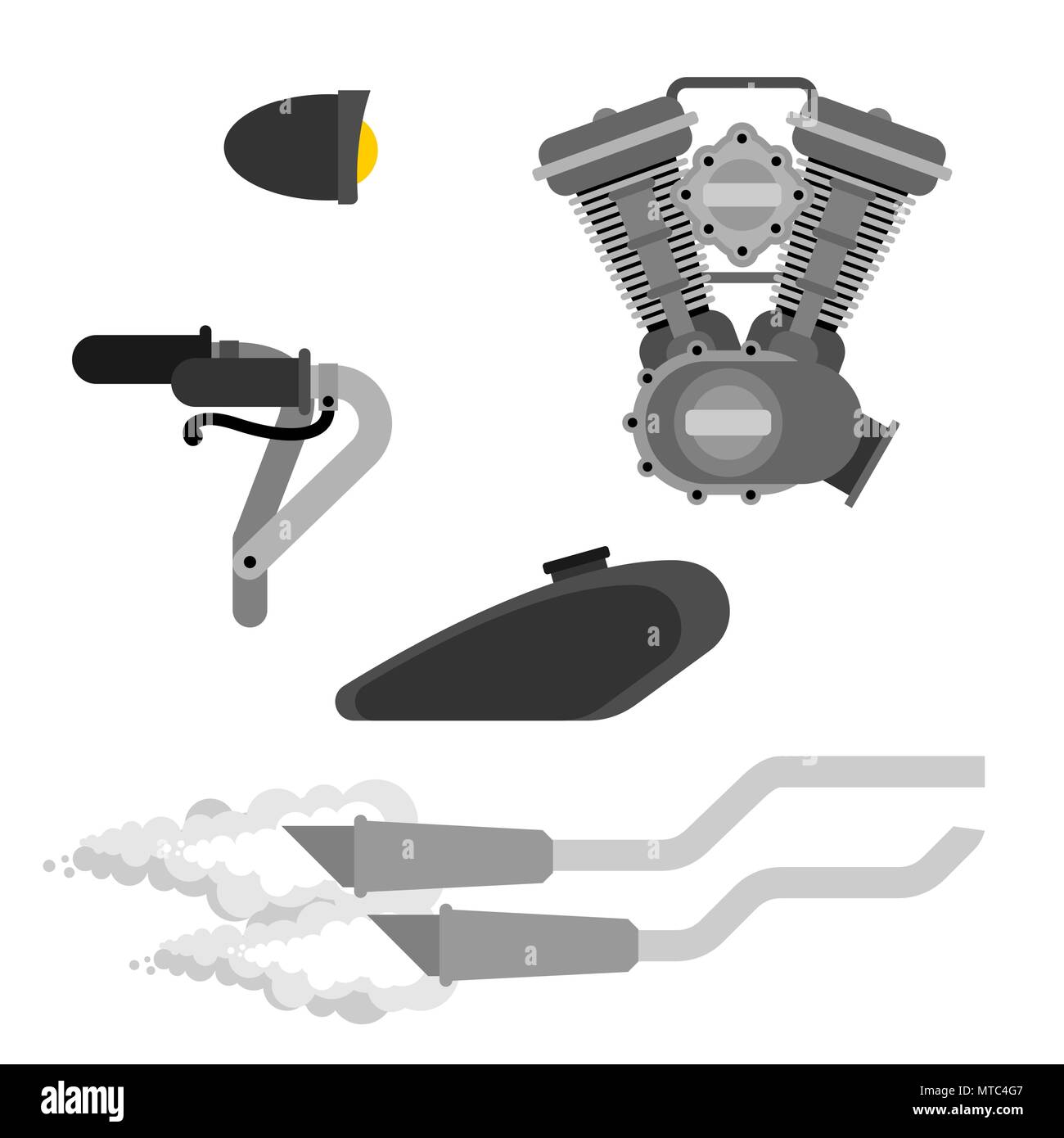 Bike Motorcycle part set. Engine racing. Exhaust pipe and Steering wheel. Fuel tank and Headlight. Vector illustration Stock Vector