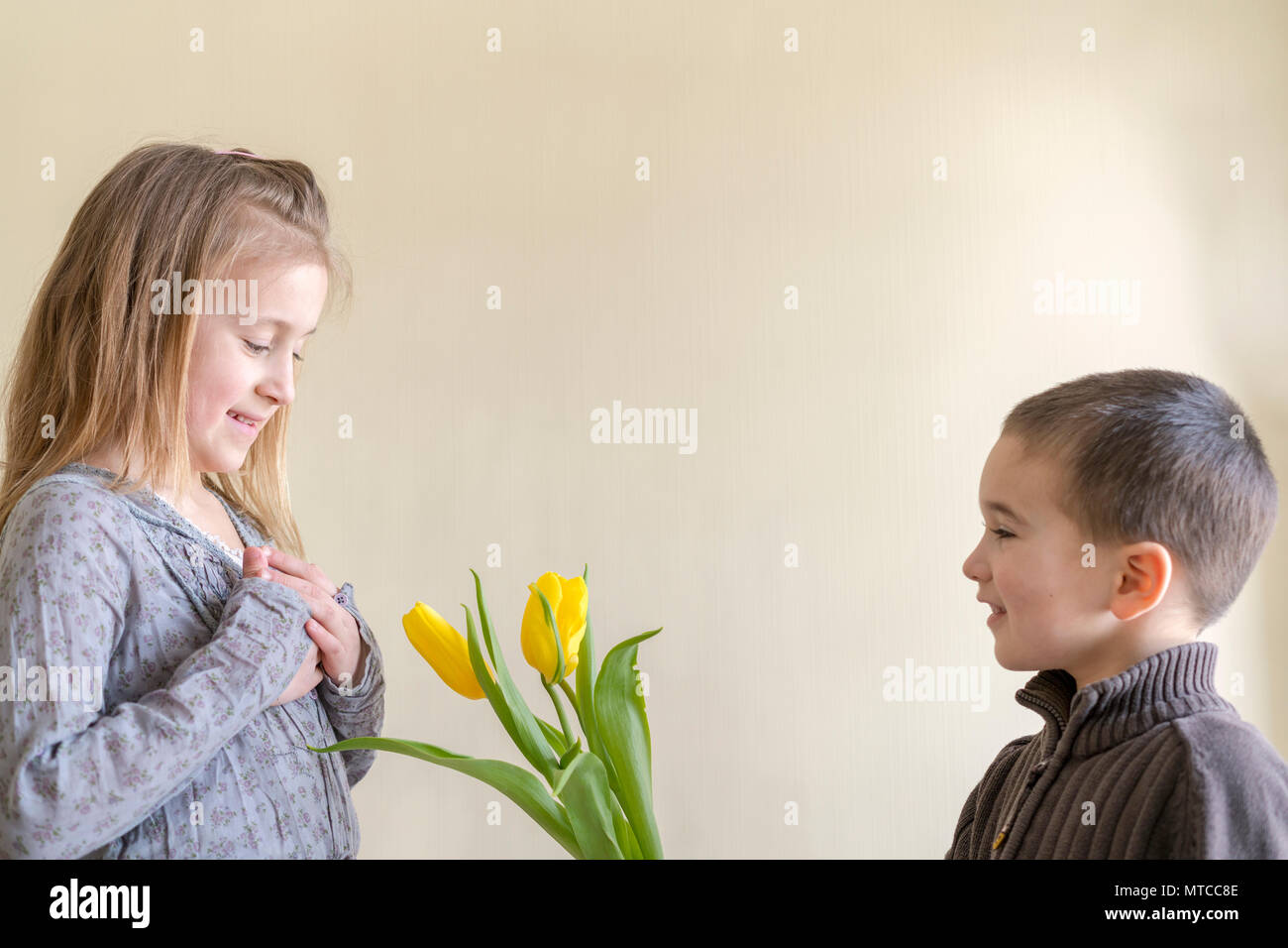 A Cute Little Boy Gives Flowers To A Girl Who Is Older Than Him The Concept Of Love And Friendship Stock Photo Alamy