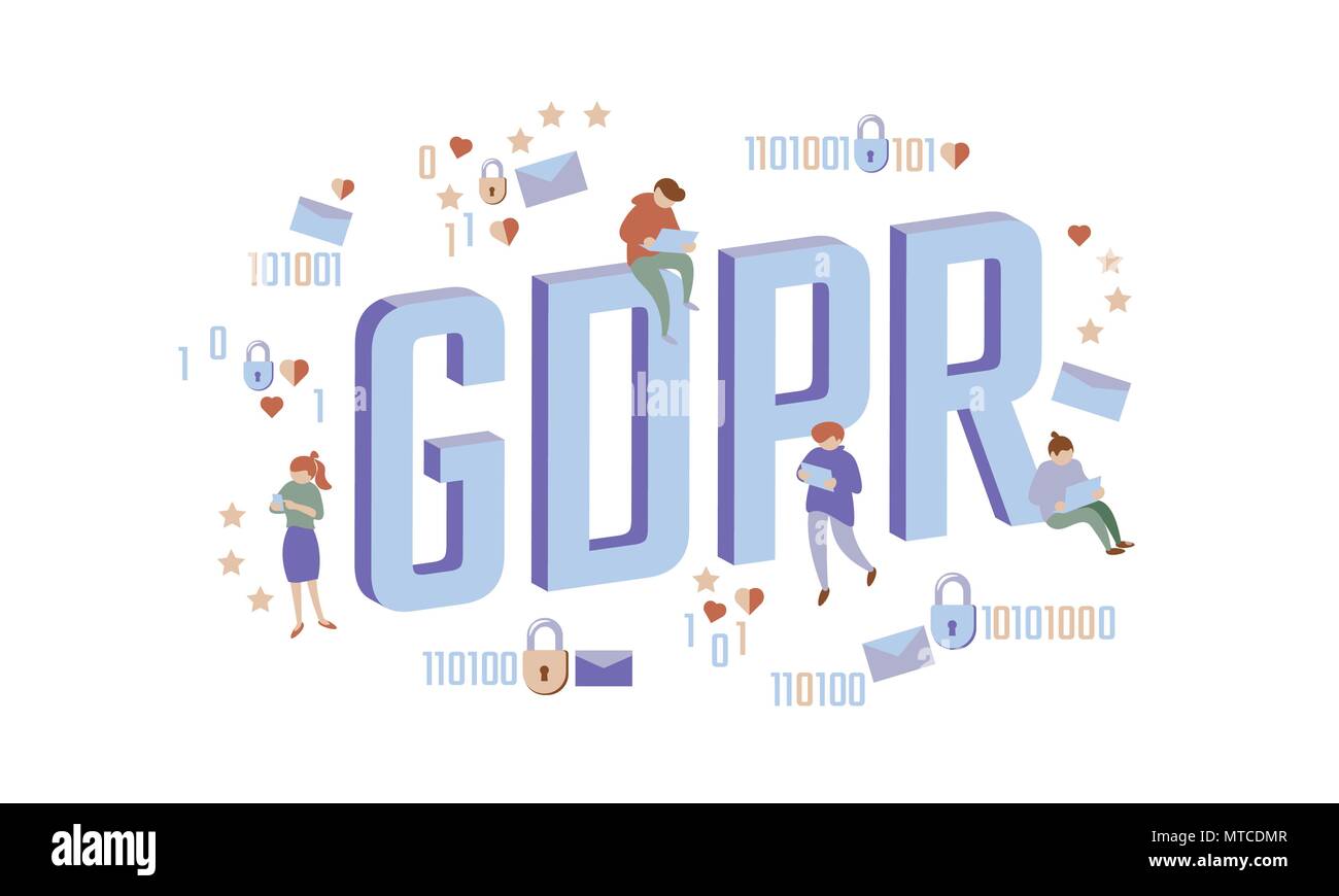 GDPR law isometric people concept. Small men Big letters flat 3D like padlock general data protect regulation security. Pastel color privacy personal information safety vector illustration Stock Vector