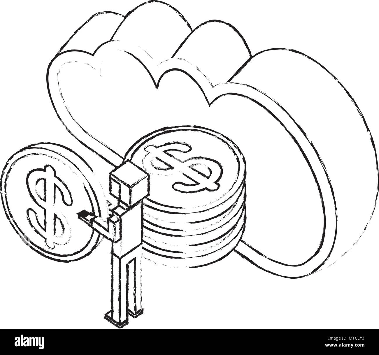 cloud computing with money coins and businessman isometric icon Stock Vector