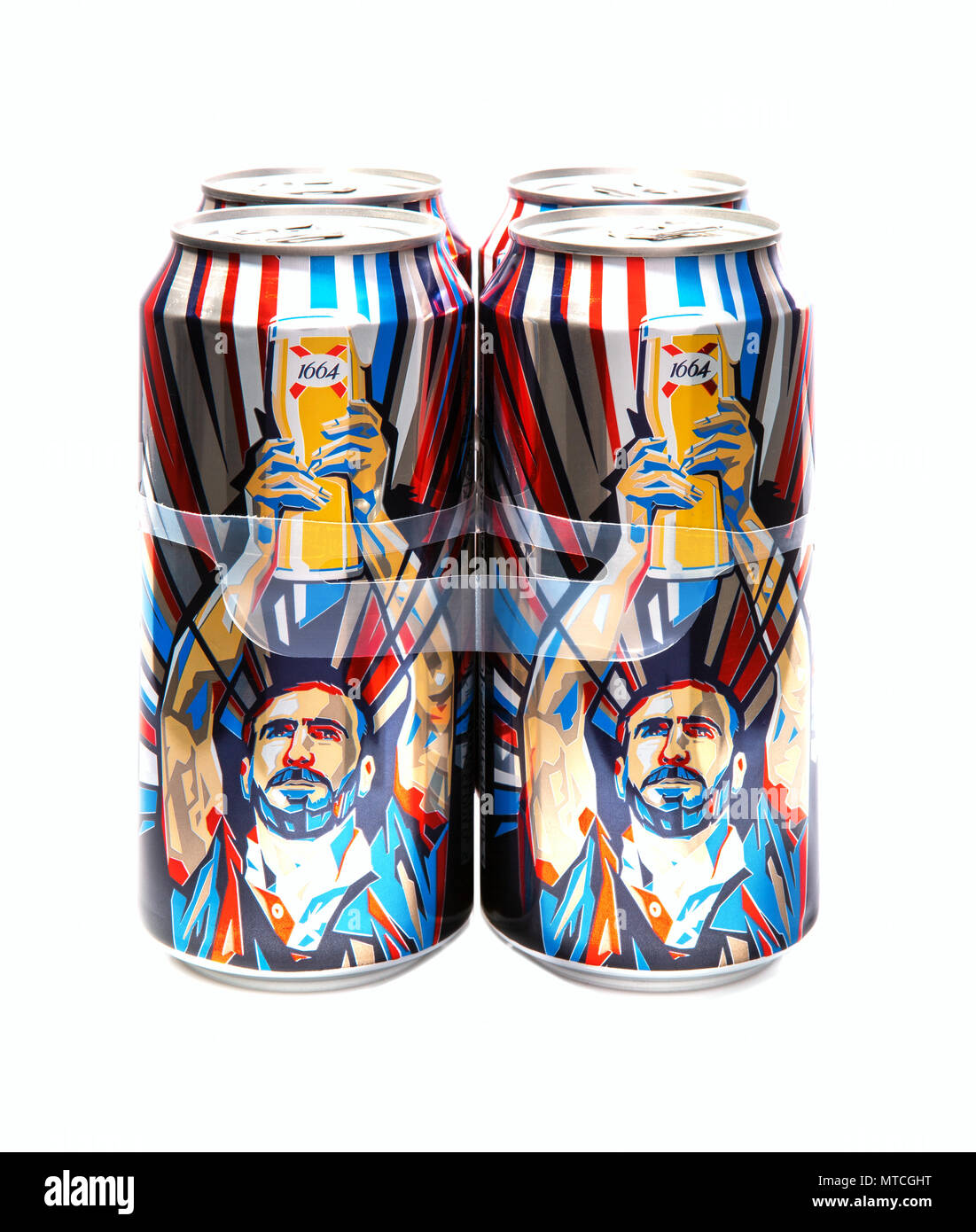 SWINDON, UK - MAY 13, 2018: 4 Cans of Kronenbourg 1664 limited edition Eric Cantona pour la victoire lager on a white background. Stock Photo