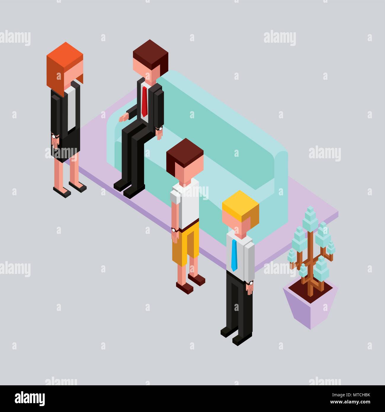 people office break in sofa with plant isometric Stock Vector Image
