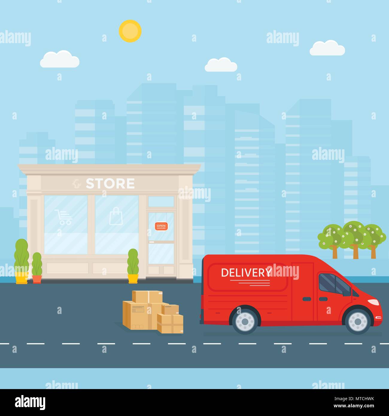 Flat style vector illustration delivery service concept. Truck with box container,store,  shop shipping with sity background. Vector flat conceptual d Stock Vector
