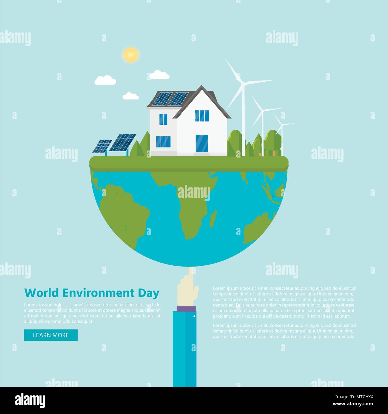 Happy World Environment Day Postcard With Green City Background Wind Turbine Eco Friendly Ecology Concept Save The Earth Stock Vector Image Art Alamy