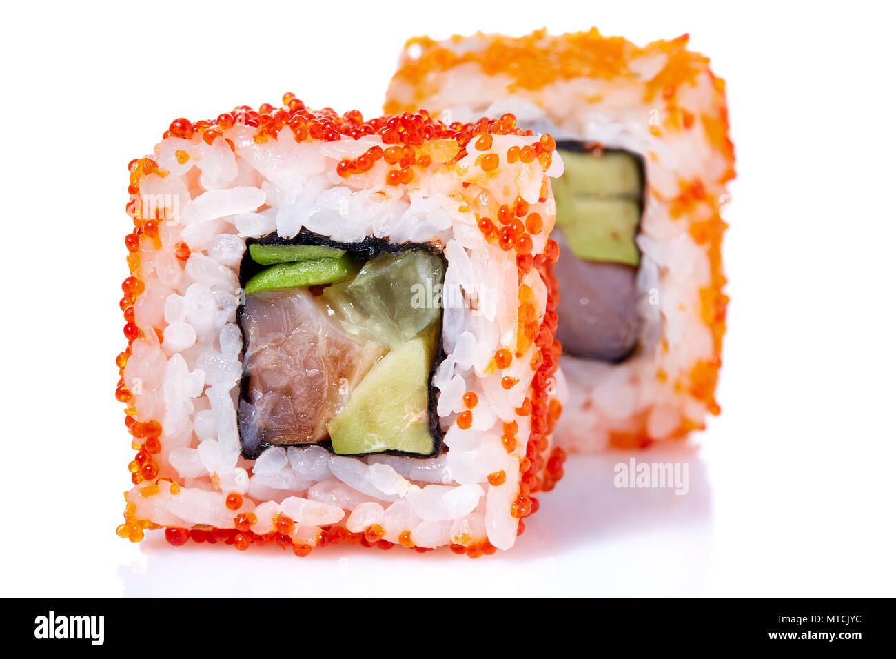 Traditional fresh japanese sushi rolls on a white background, close-up, selective focus. Sushi food japan. Delicious traditional asian food. Japanese  Stock Photo