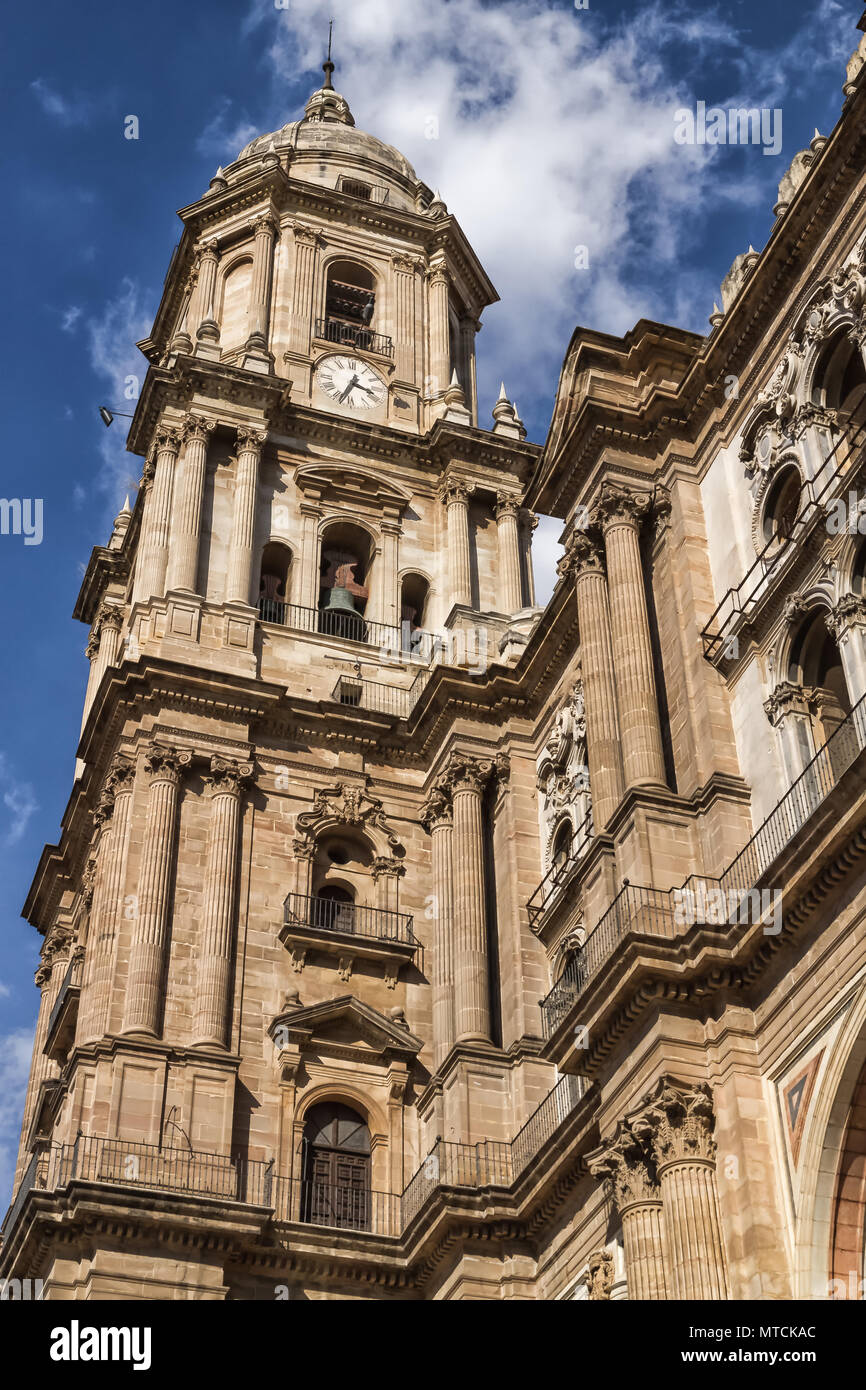 Bell tower of the Cathedral de Malaga in Renaissance architecture (build between 1528 - 1782).  Official name: ‘La Santa Iglesia Cathedral Basilica de Stock Photo
