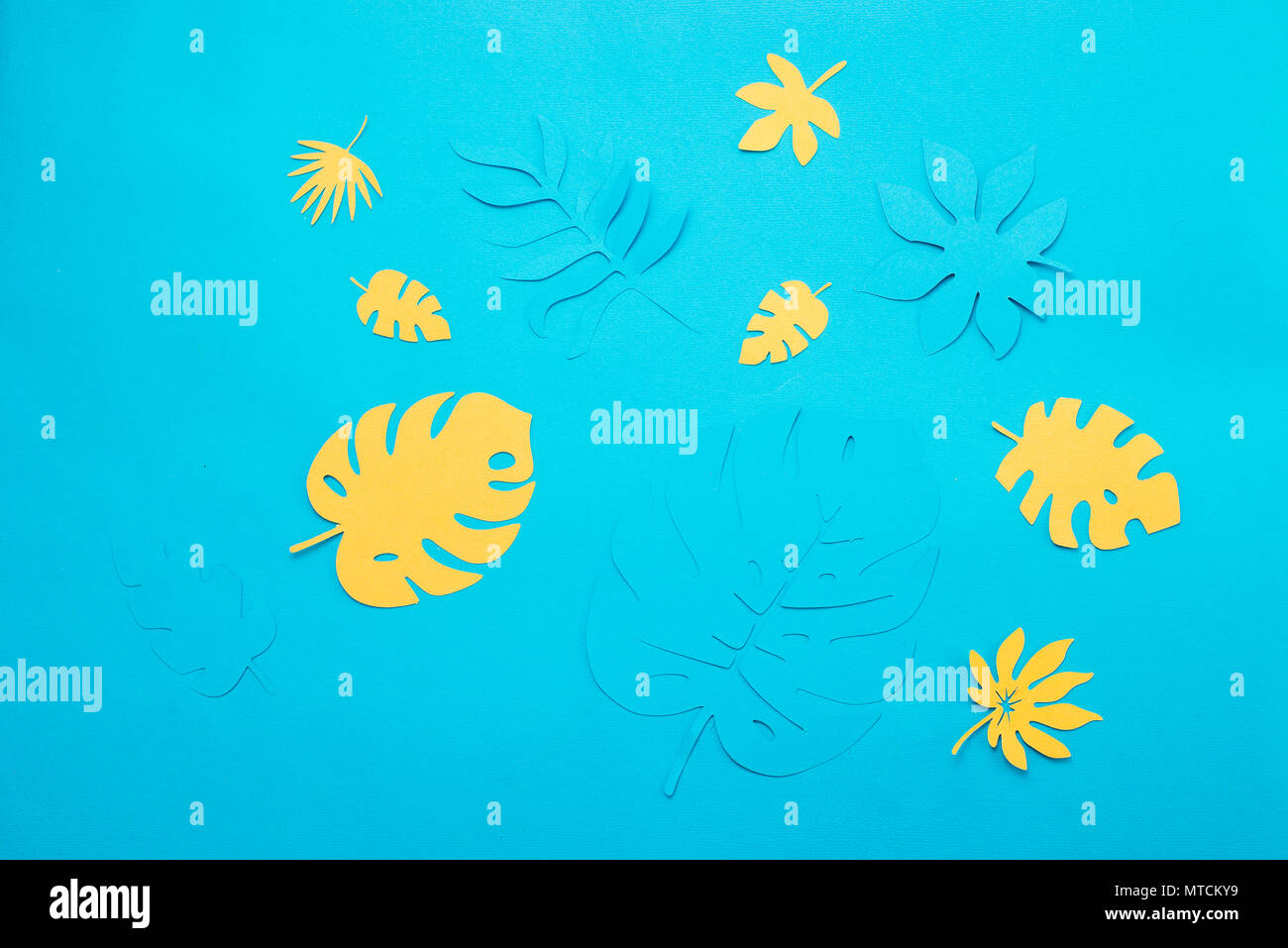 Blue And Yellow Tropical Leaves Pattern On A Bright Blue Background Papercraft Flat Lay Header Stock Photo Alamy