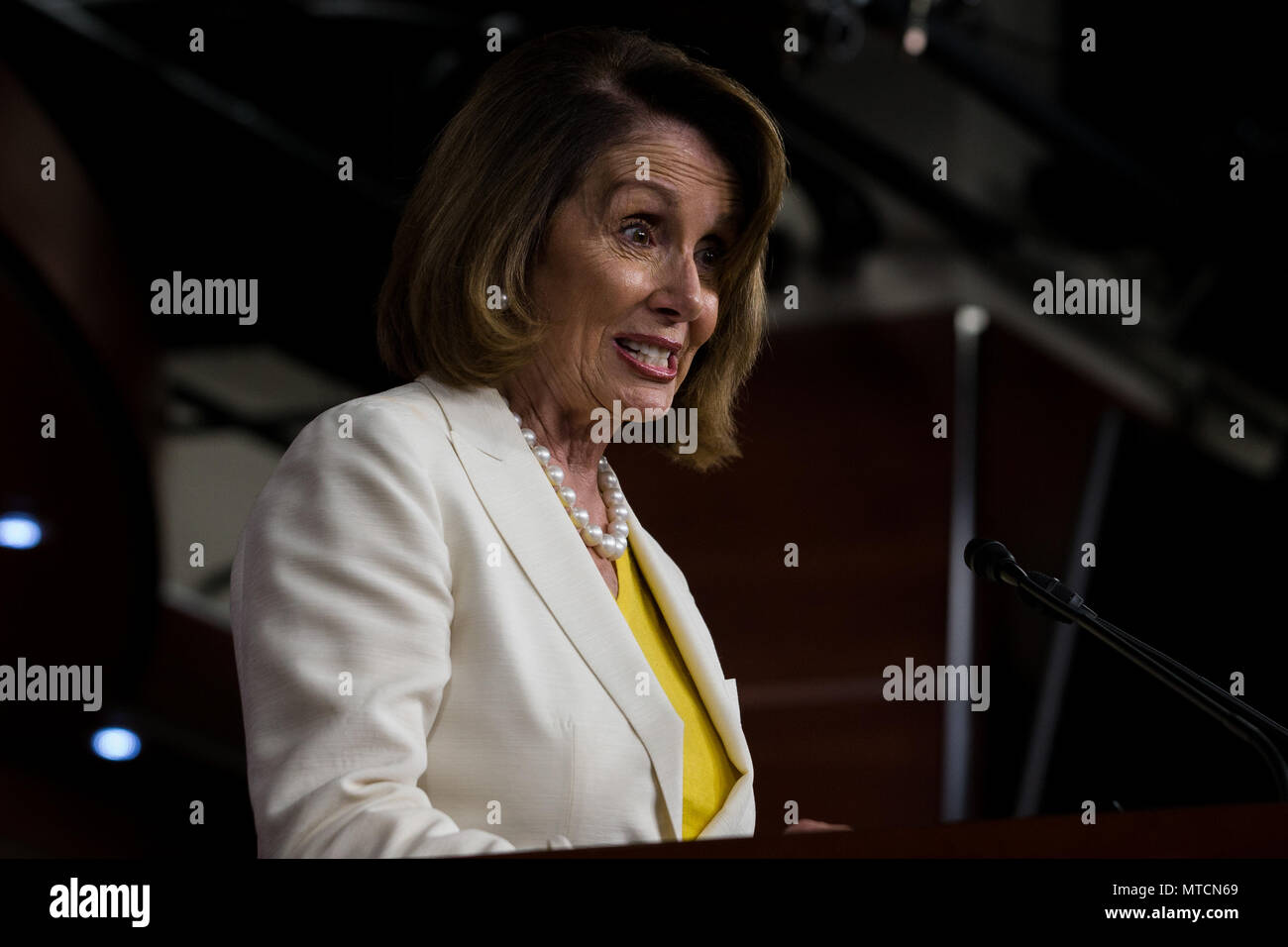 Democratic Leader Rep. Nancy Pelosi (D-CA) speaks during her weekly press conference at the U.S. Capitol. Stock Photo