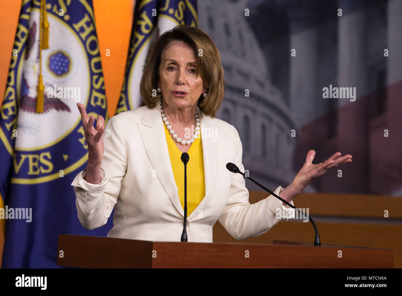 Democratic Leader Rep. Nancy Pelosi speaks with reporters at her weekly press conference in the U.S. Capitol on May 18th, 2017. Stock Photo