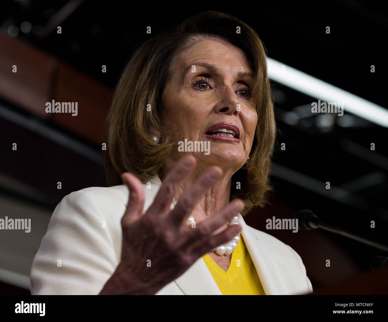Democratic Leader Rep. Nancy Pelosi (D-CA) speaks during her weekly press conference at the U.S. Capitol. Stock Photo