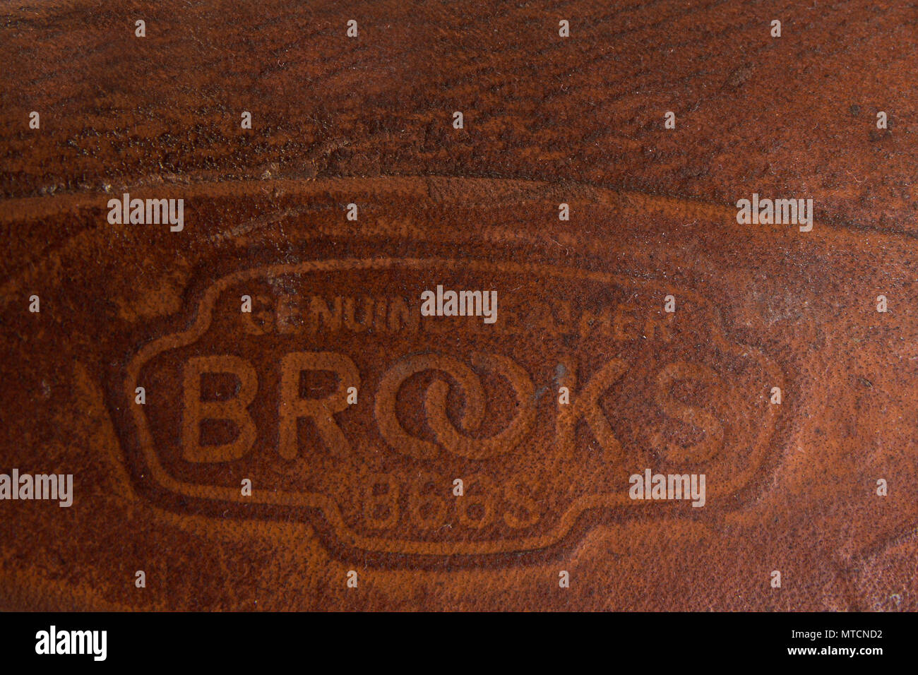 Detail of the vintage Brooks England bicycle saddle Stock Photo