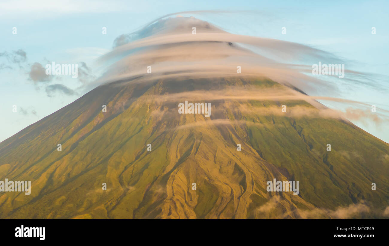 Mount Mayon Volcano in the province of Bicol, Philippines. Clouds Timelapse. Stock Photo