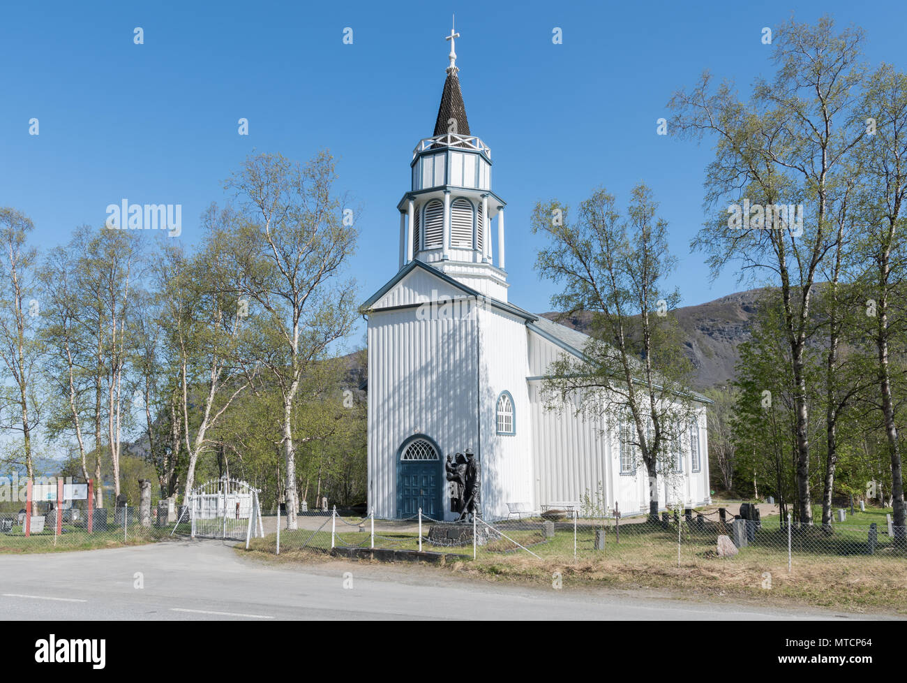 Kåfjord white wooden parish church in Kåfjord, Alta, Finnmark, Norway. Oldest church in Alta Stock Photo