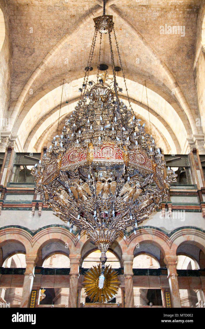 Big bronze chandelier in Church Of The Holy Sepulchre. Jerusalem. Israel Stock Photo