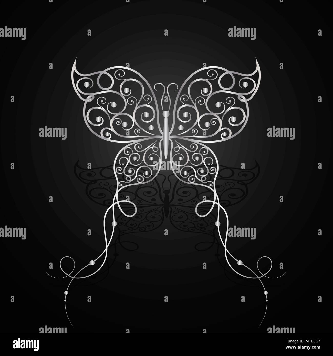 Silver butterfly with swirl pattern. Stock Vector