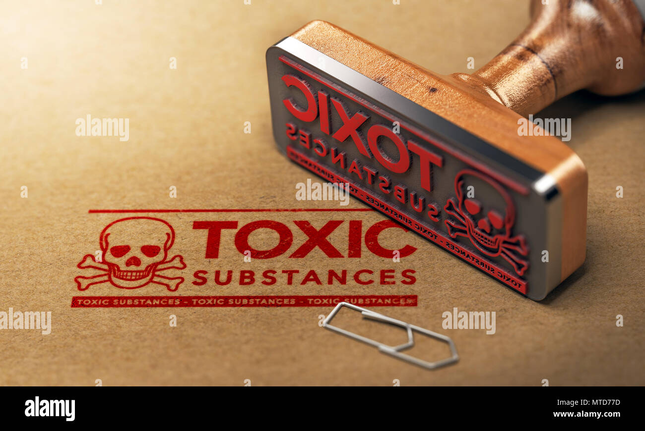 3D illustration of a rubber stamp with the text toxic substances stamped on paper background Stock Photo