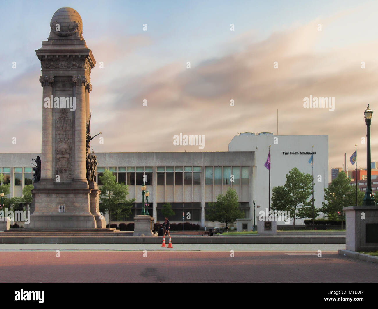 Syracuse, New York, USA. May 28, 2018. View from Clinton Square of The Soldier's and Sailor's monument and the historic Post Standard building, once t Stock Photo