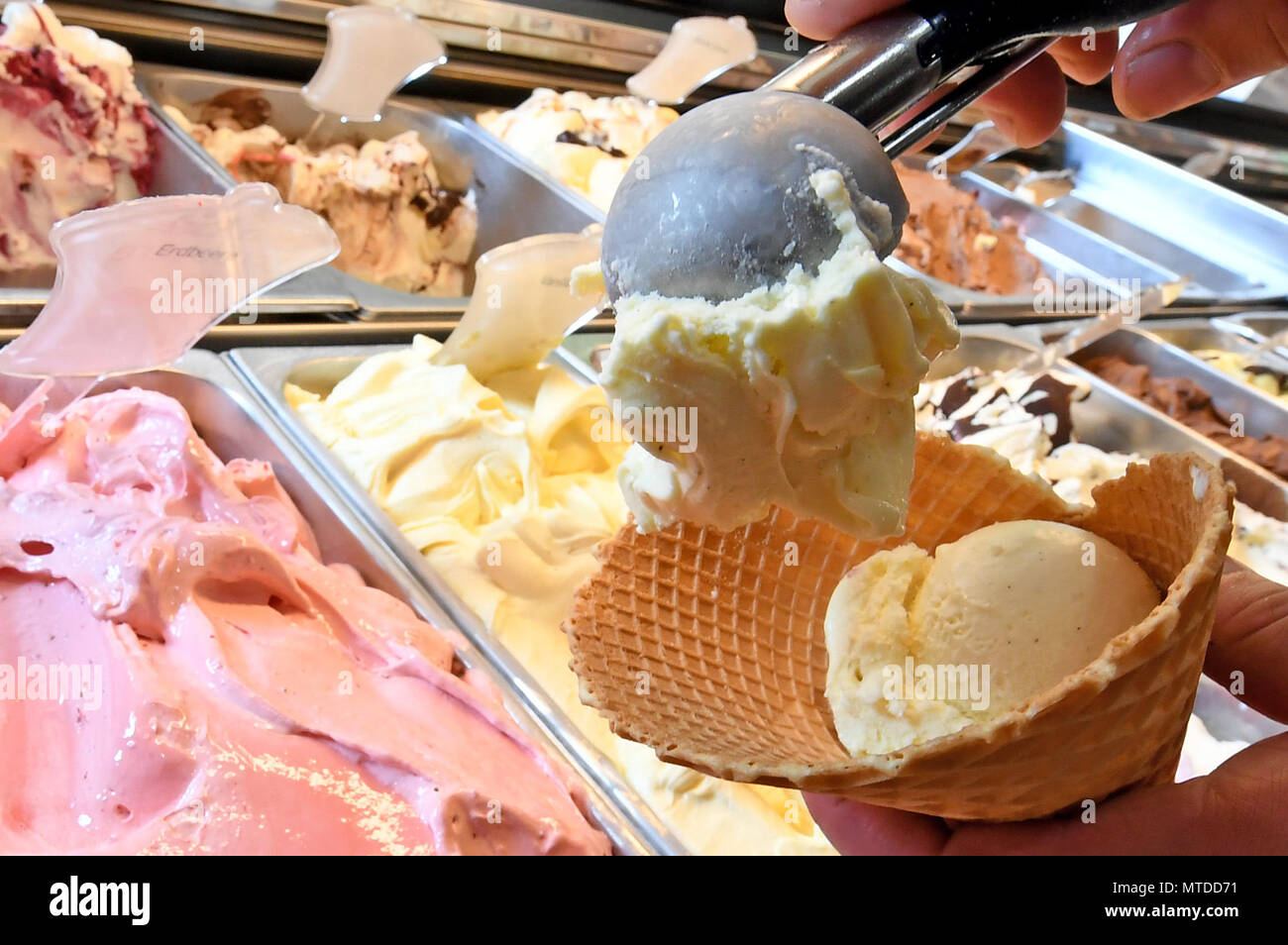 29 May 2018 Germany Langenhagen Owner Paulo Cesar Carvalho Lopes Puts Creamy Vanilla Ice Cream With