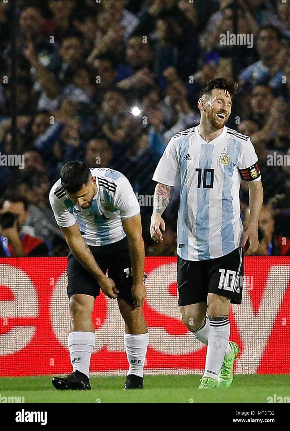 Buenos Aires, Argentina. 29th May, 2018. Lionel Messi of Argentina celebrates after scoring his third goal in the friendly match between Argentina and Haiti, held at the Alberto José Armando Stadium, known as La Bombonera, located in the La Boca neighborhood in the capital of Buenos Aires. Credit: Marcelo Machado de Melo/FotoArena/Alamy Live News Stock Photo