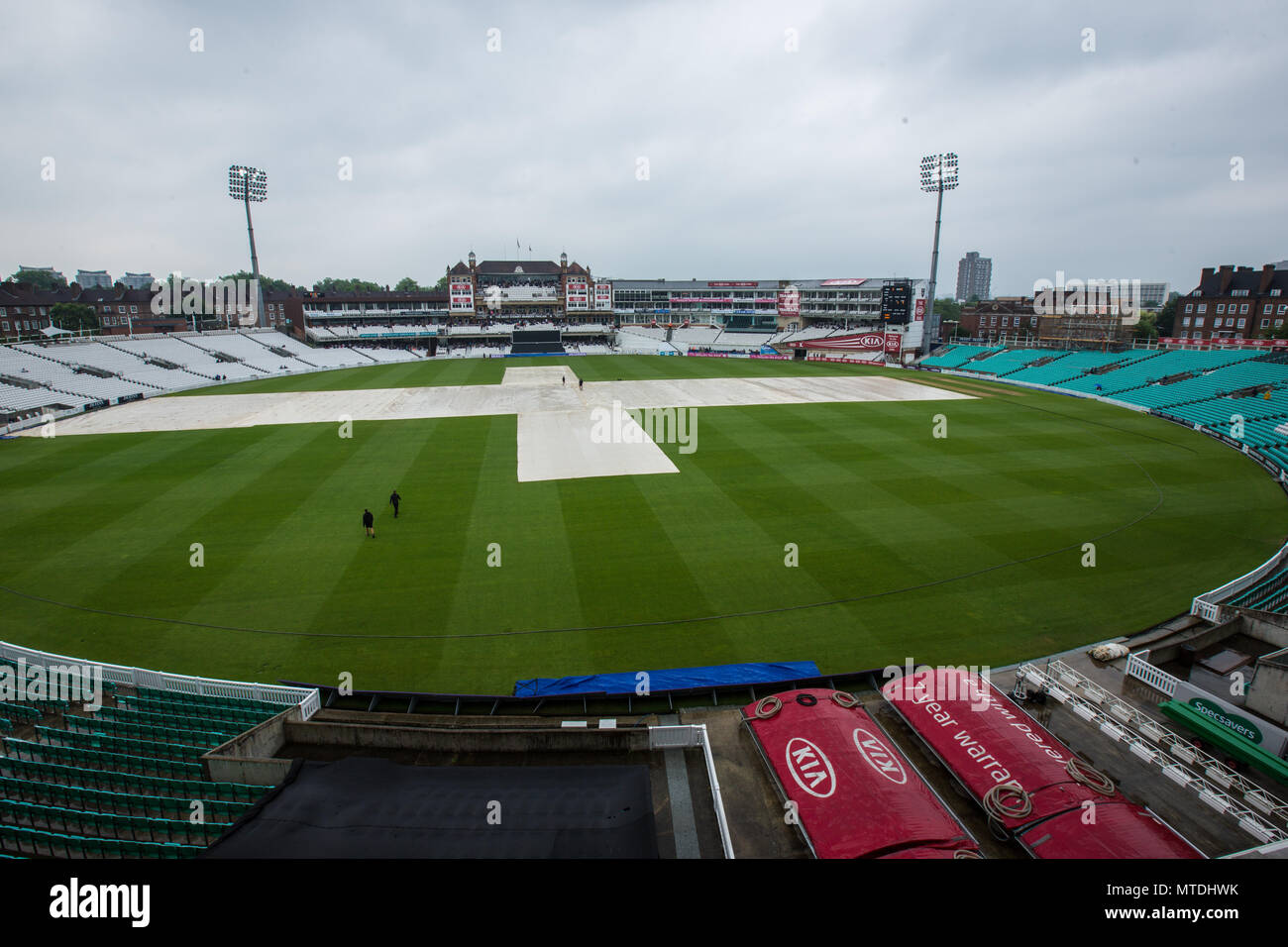 London,UK. 29 May, 2018. The match between Surrey and Sussex in the Royal London One-Day Cup at the Oval was abandoned without a ball being bowled due to heavy rain in London.View from the top of the OCS stand facing the Micky Stewart Members' Pavilion. David Rowe/Alamy Live News Stock Photo