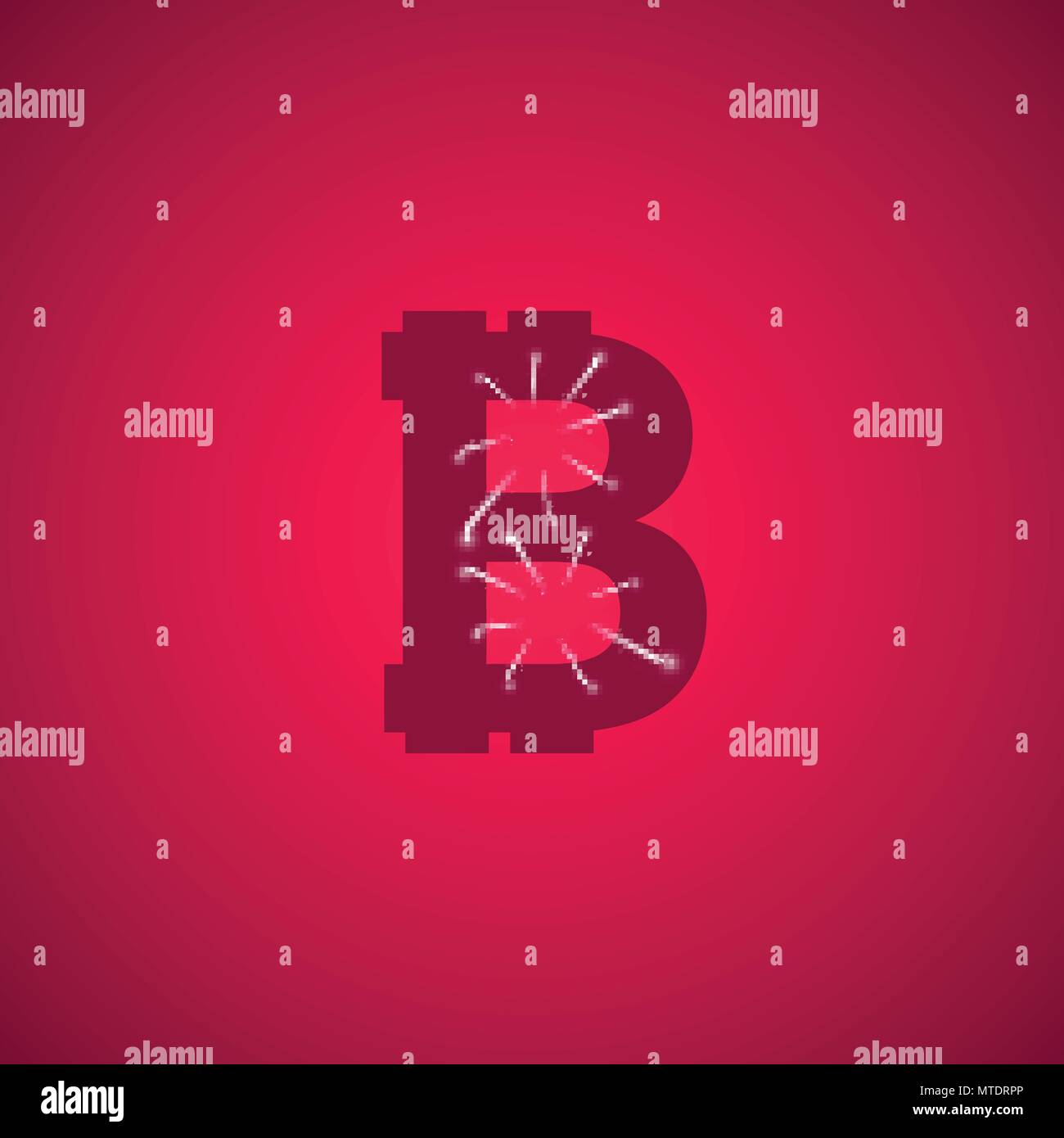 Digital bitcoins symbol with light effect and firework on pink backgraund. Stock Vector