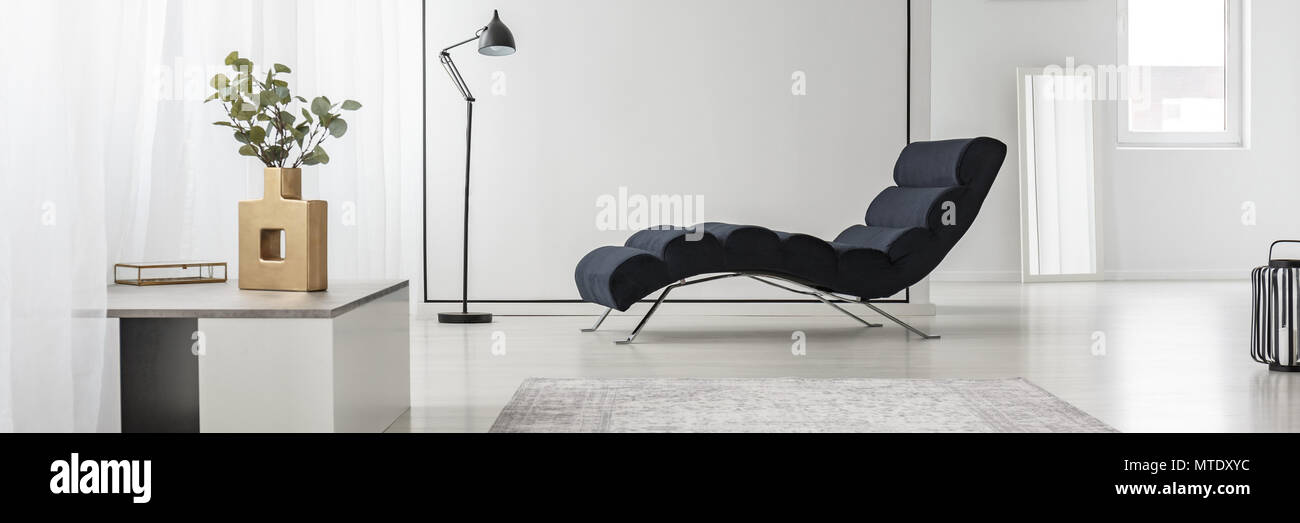 Black chaise lounge placed in white interior with metal lamp, plant in gold vase and grey carpet Stock Photo