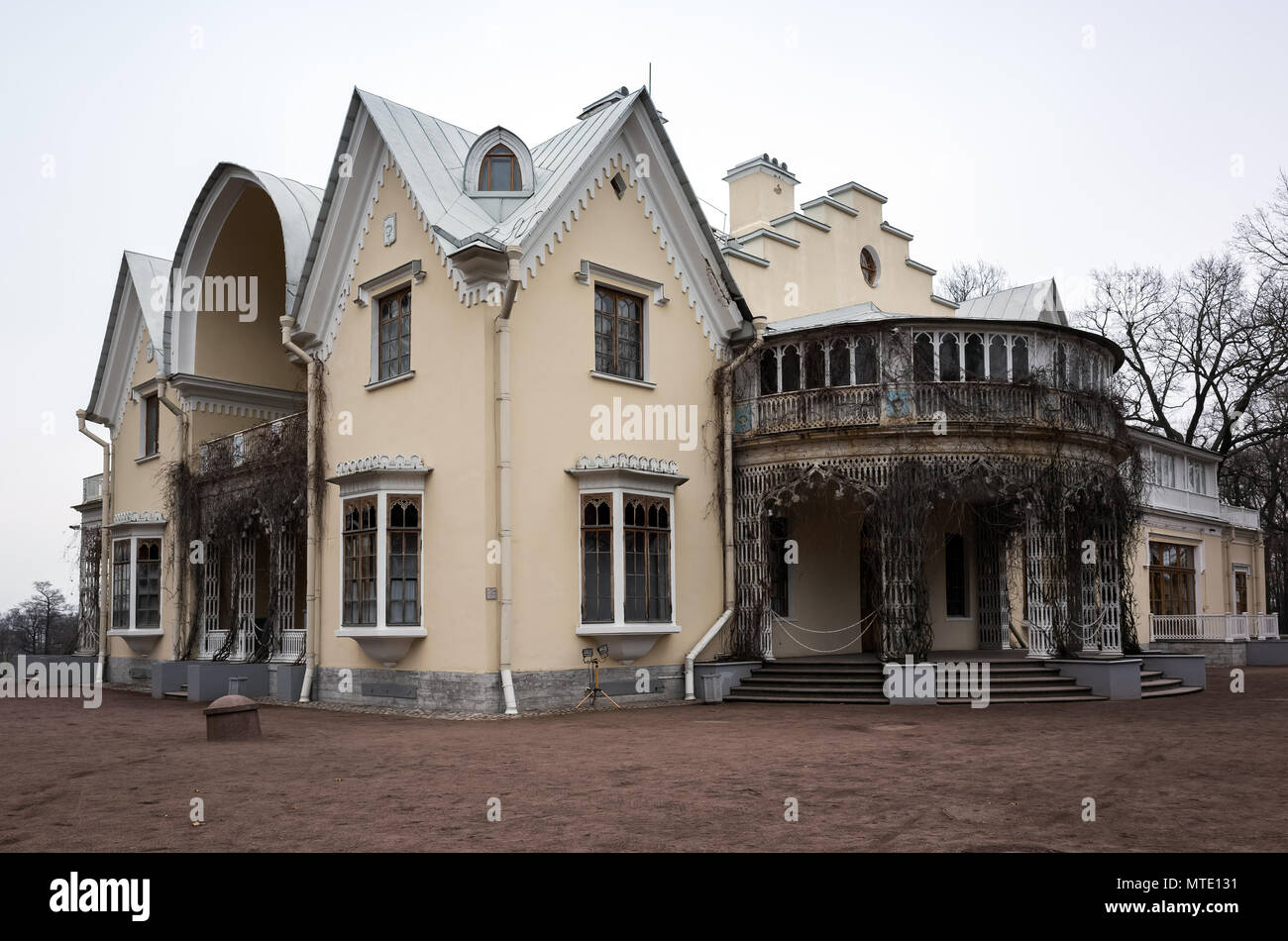 Peterhof, Russia - November 7, 2016: Palace Cottage, central architectural structure of park Alexandria, built using elements of Gothic Revival in 182 Stock Photo