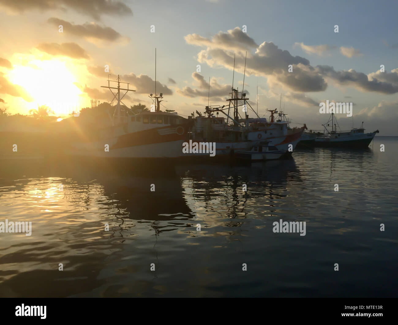Ships docked in the ocean set against a deep yellow sunset in Guanaja ...