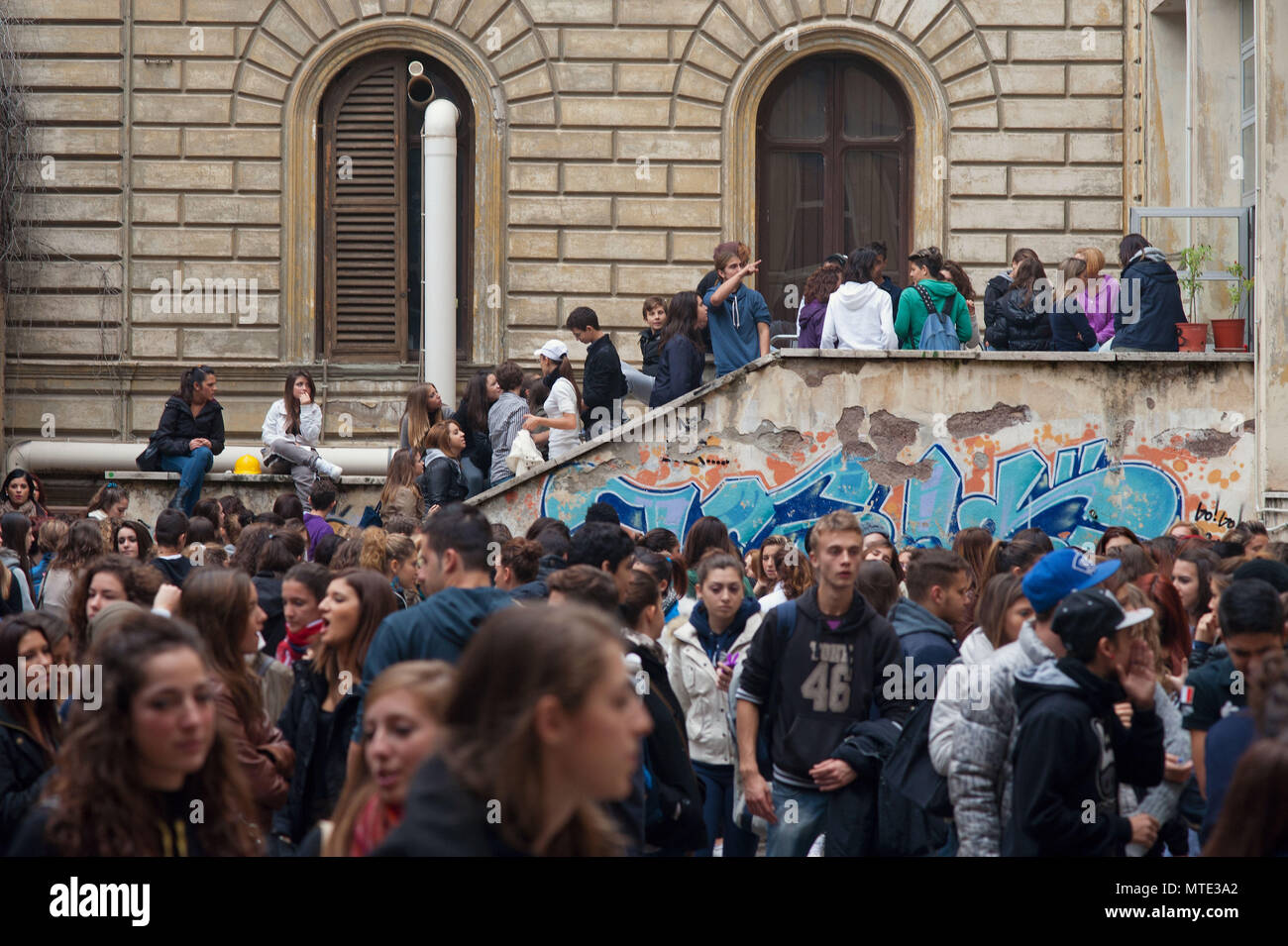 Rome. "Machiavelli" high school occupied by students who protest against government cuts on education. Italy. Stock Photo