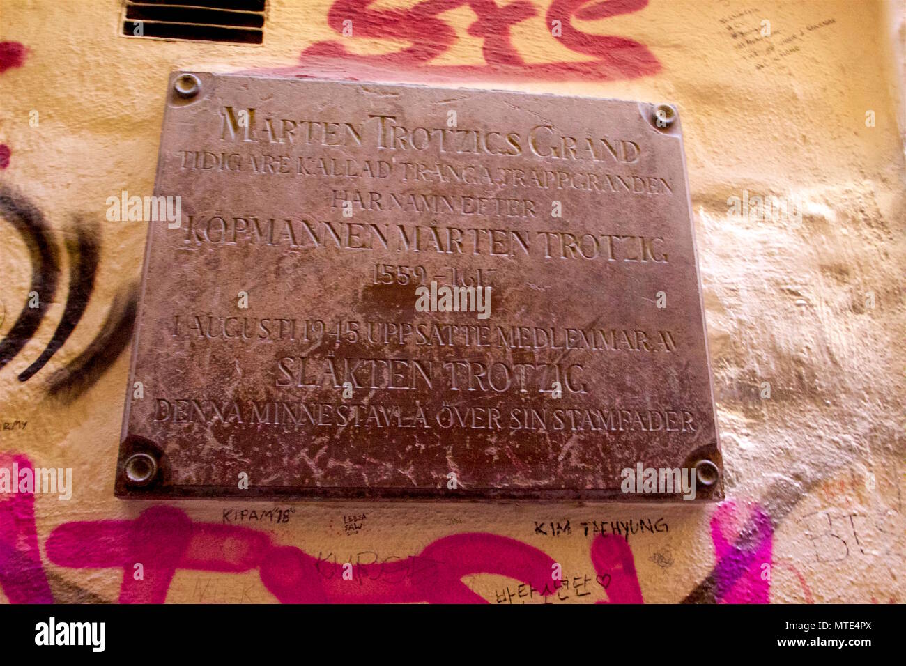 A plaque for Marten Trotzigs Grand: an alley in Gamla Stan and also the narrowest street in Stockholm, Sweden Stock Photo