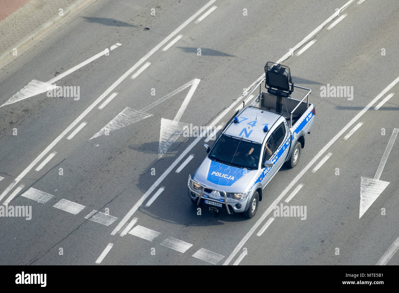 Polish police car Mitsubishi L200 with LRAD 500X (Long Range Acoustic Device is an acoustic hailing device used for non-lethal, non-kinetic crowd cont Stock Photo