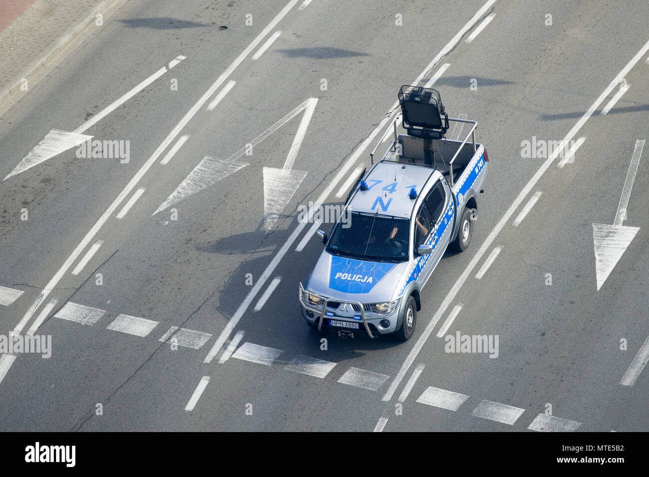 Polish police car Mitsubishi L200 with LRAD 500X (Long Range Acoustic Device is an acoustic hailing device used for non-lethal, non-kinetic crowd cont Stock Photo
