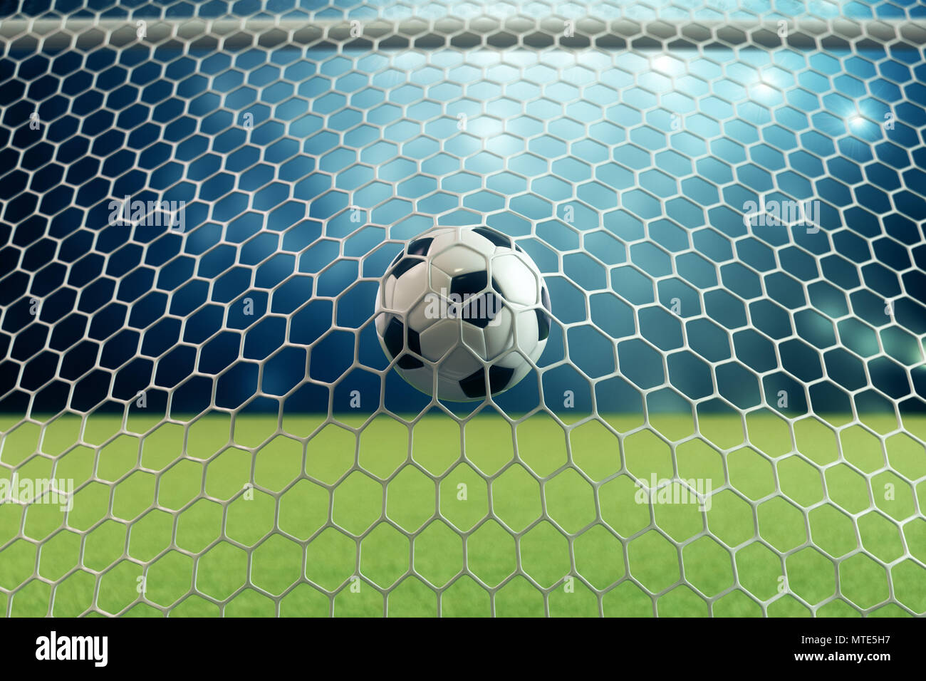 3d rendering soccer ball in goal. Soccer ball in net with spotlight and