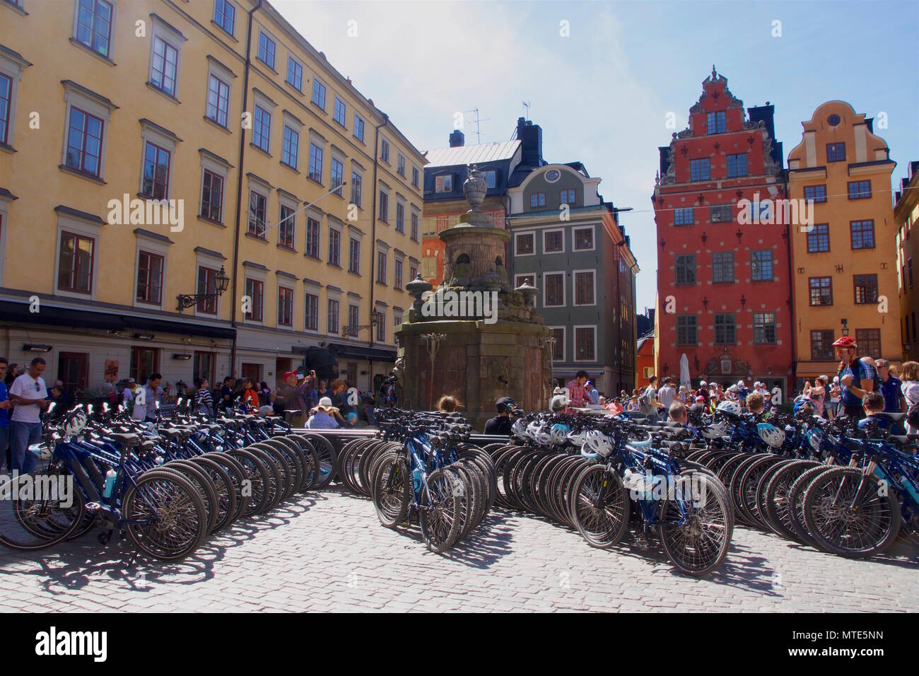 Dozens of parked bicycles in Stortoget, Gamla Stan, Sweden Stock Photo