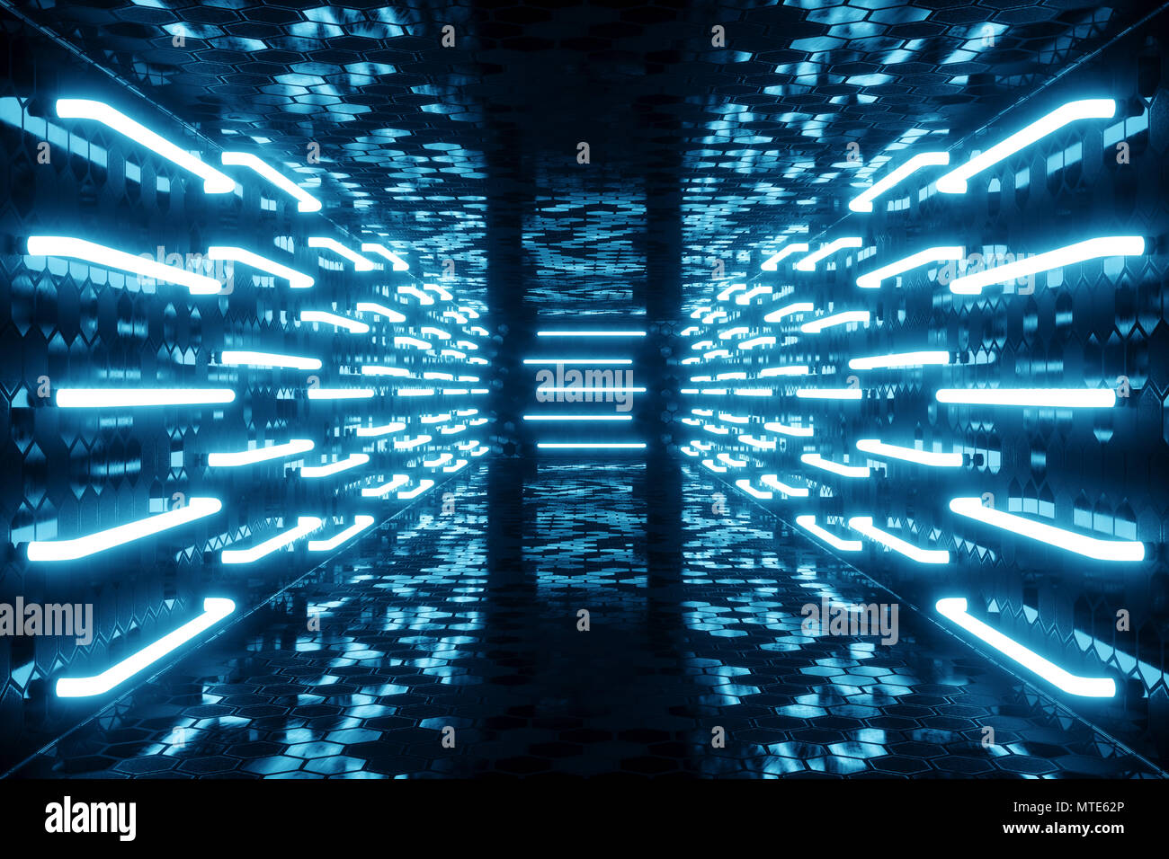 3D rendering blue-tint Illuminated corridor with blue neon light ...