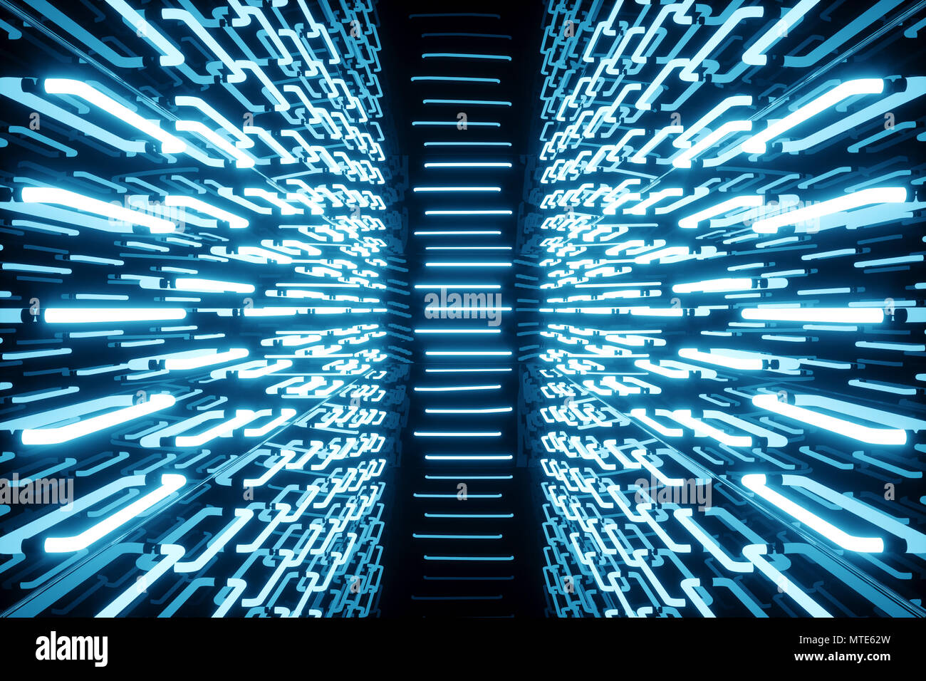 3D rendering blue-tint Illuminated corridor with blue neon light ...