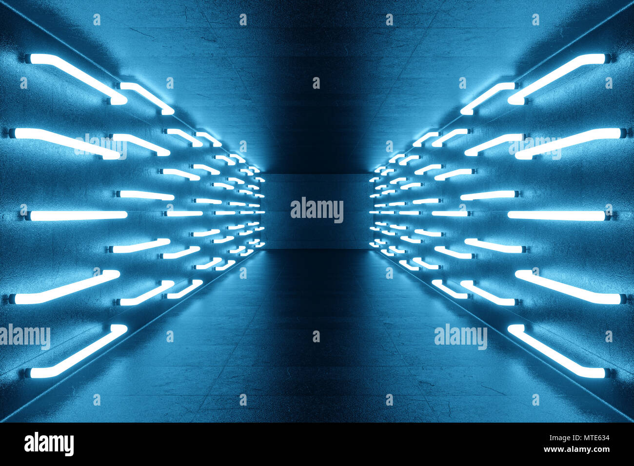 3D rendering blue-tint Illuminated corridor with blue neon light ...
